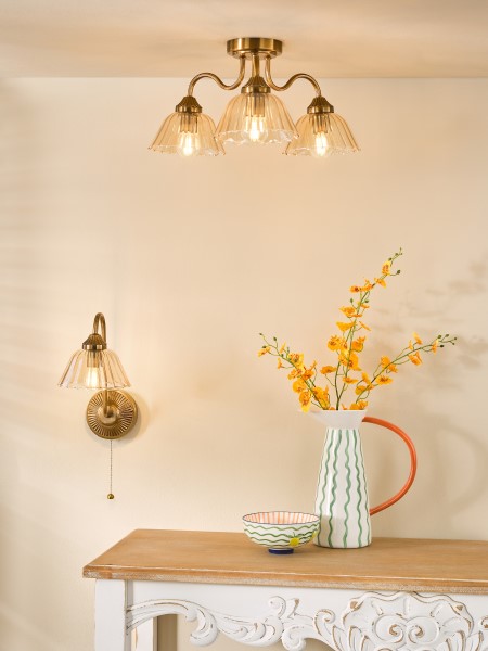 (image for) 3 Light Semi-Flush - Antique Bronze and Amber Glass