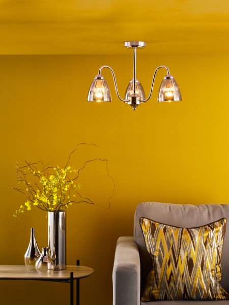 (image for) 3 Light Semi-Flush - Polished Nickel and Smoked Ribbed Glass