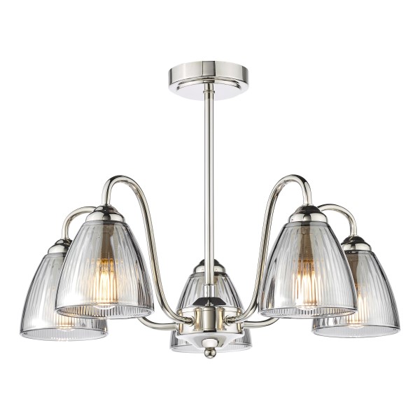 (image for) 5 Light Semi-Flush - Polished Nickel and Smoked Ribbed Glass