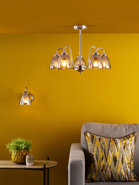 (image for) 5 Light Semi-Flush - Polished Nickel and Smoked Ribbed Glass