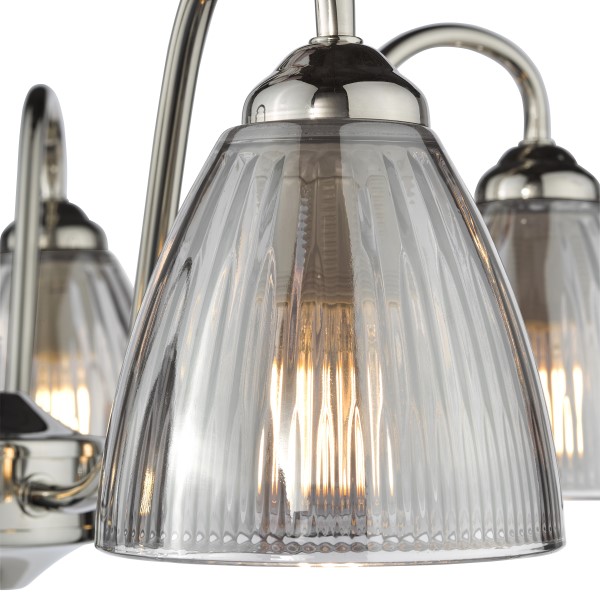 (image for) 5 Light Semi-Flush - Polished Nickel and Smoked Ribbed Glass