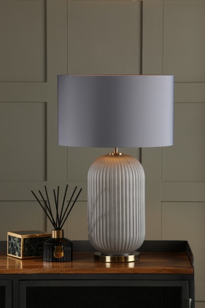 (image for) Table Lamp - Grey Ribbed Glass and Antique Brass With Shade