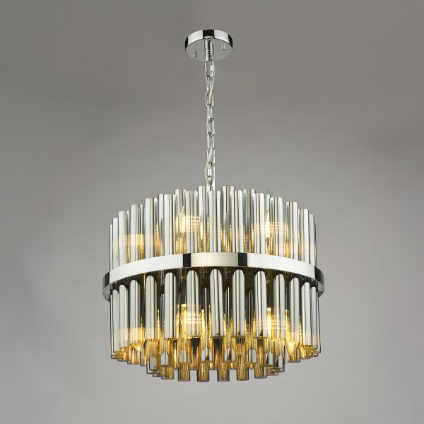 (image for) 12 Light Pendant - Polished Chrome and Smoked Ribbed Glass