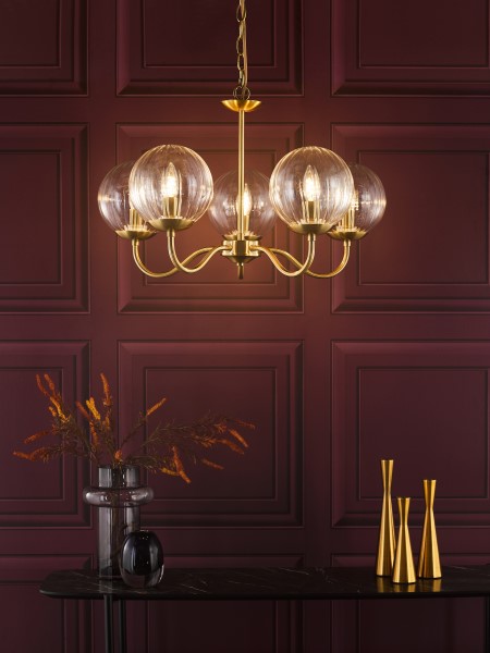 (image for) 5 Light Armed Pendant - Natural Brass and Glass