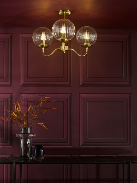 (image for) 3 Light Semi-Flush - Natural Brass and Glass