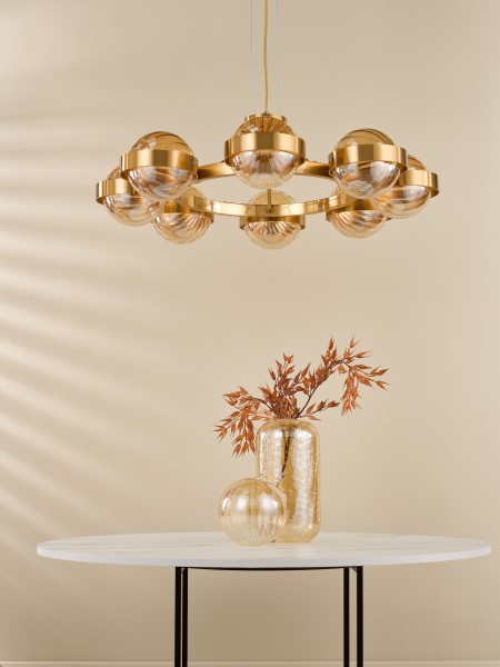 (image for) 8 Light Pendant - Antique Gold and Amber Ribbed Glass