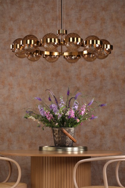 (image for) 12 Light Pendant - Antique Gold and Amber Ribbed Glass