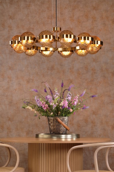 (image for) 12 Light Pendant - Antique Gold and Amber Ribbed Glass