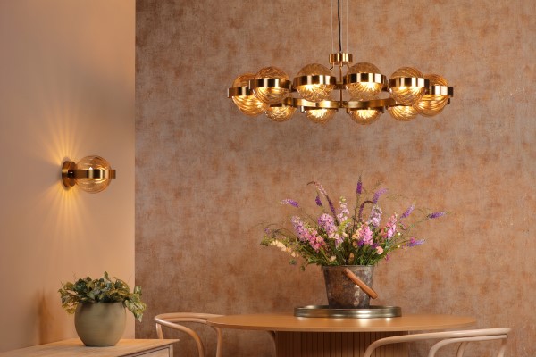 (image for) 12 Light Pendant - Antique Gold and Amber Ribbed Glass