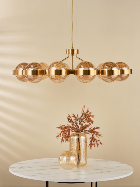 (image for) 12 Light Pendant - Antique Gold and Amber Ribbed Glass