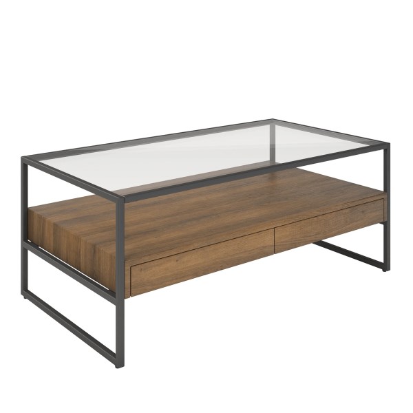 (image for) Coffee Table - Wood Look with Glass Top & Drawers