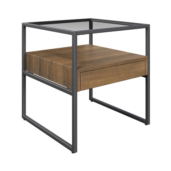 (image for) Side Table - Wood Look with Glass Top & Drawer