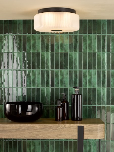 (image for) 3 Light Flush - Satin Black and White Ribbed Glass IP44