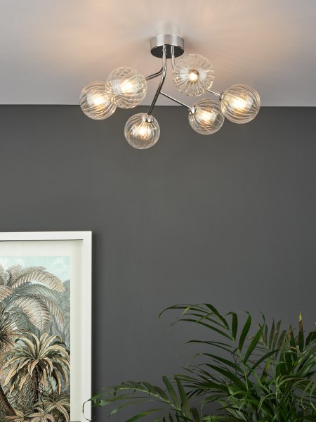 (image for) 6 Light Semi Flush - Polished Chrome Ribbed Glass